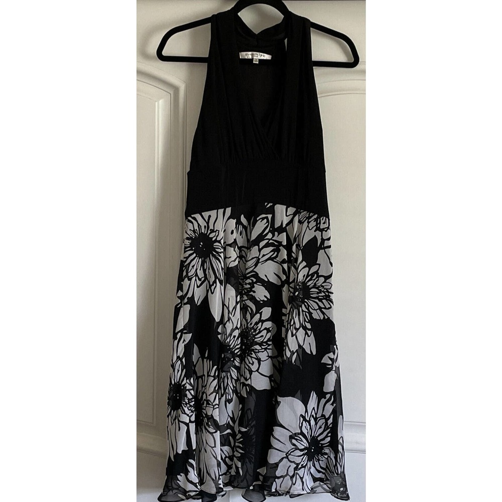 Evan Picone Black White Floral Print Stretch Knit Halter Dress - 10